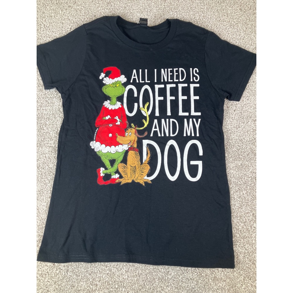 Womens Grinch Coffee Dog Christmas Graphic T Shirt Black Short Sleeve